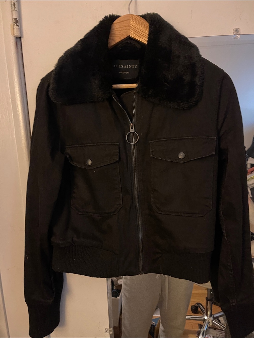 AllSAINTS woman’s North Denim Jacket, lined with faux fur & faux fur collar.